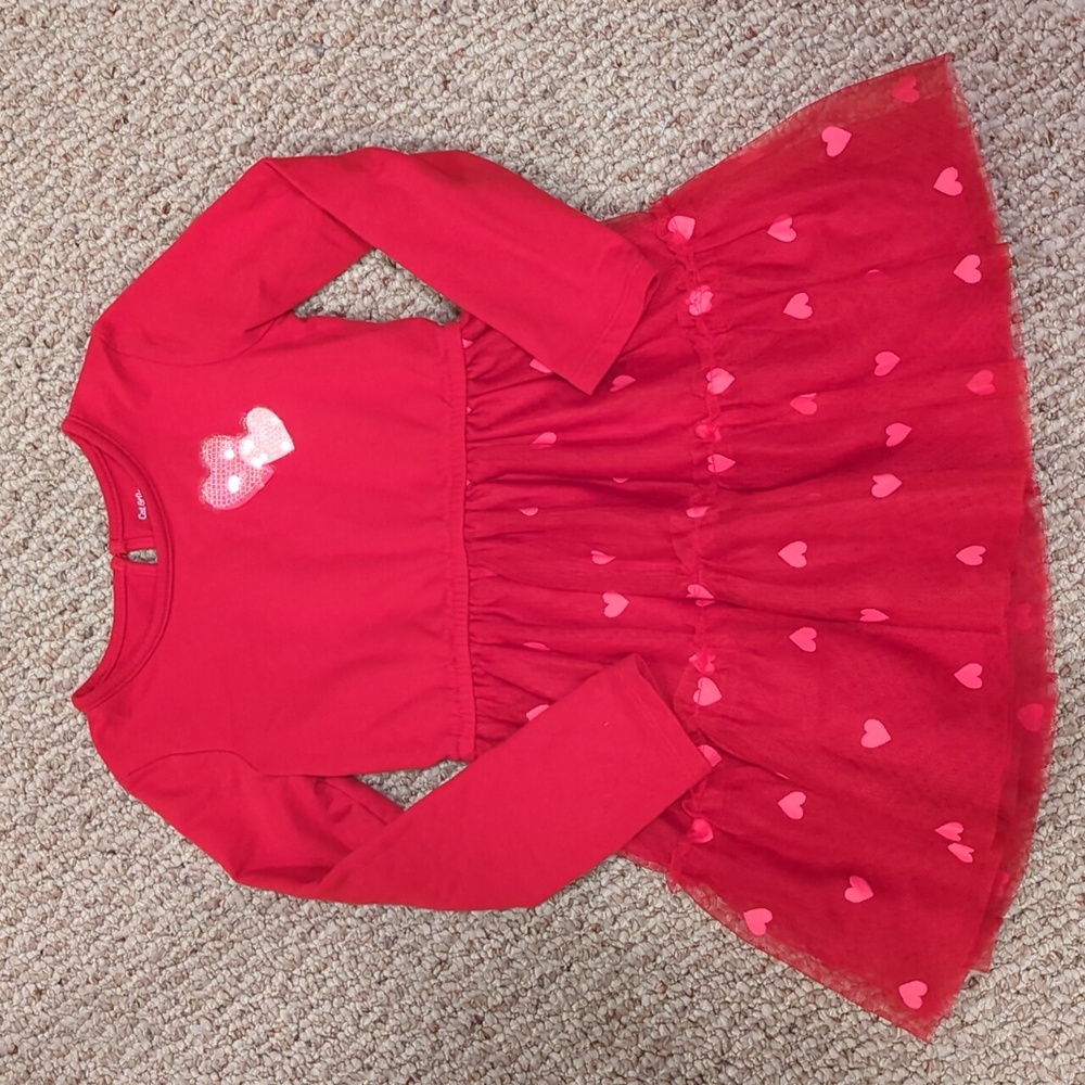 Cat & Jack Girls XS 4/5 Valentine's Long Sleeve Red Tulle Skirt Dress w/ Hearts